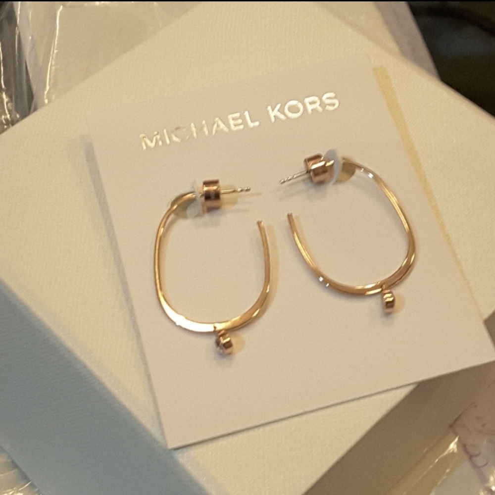 Michael Kors Earrings Stud Open Hoop Drop RoseGold Tone Clear Crystal Accent NWT - Picture 5 of 5